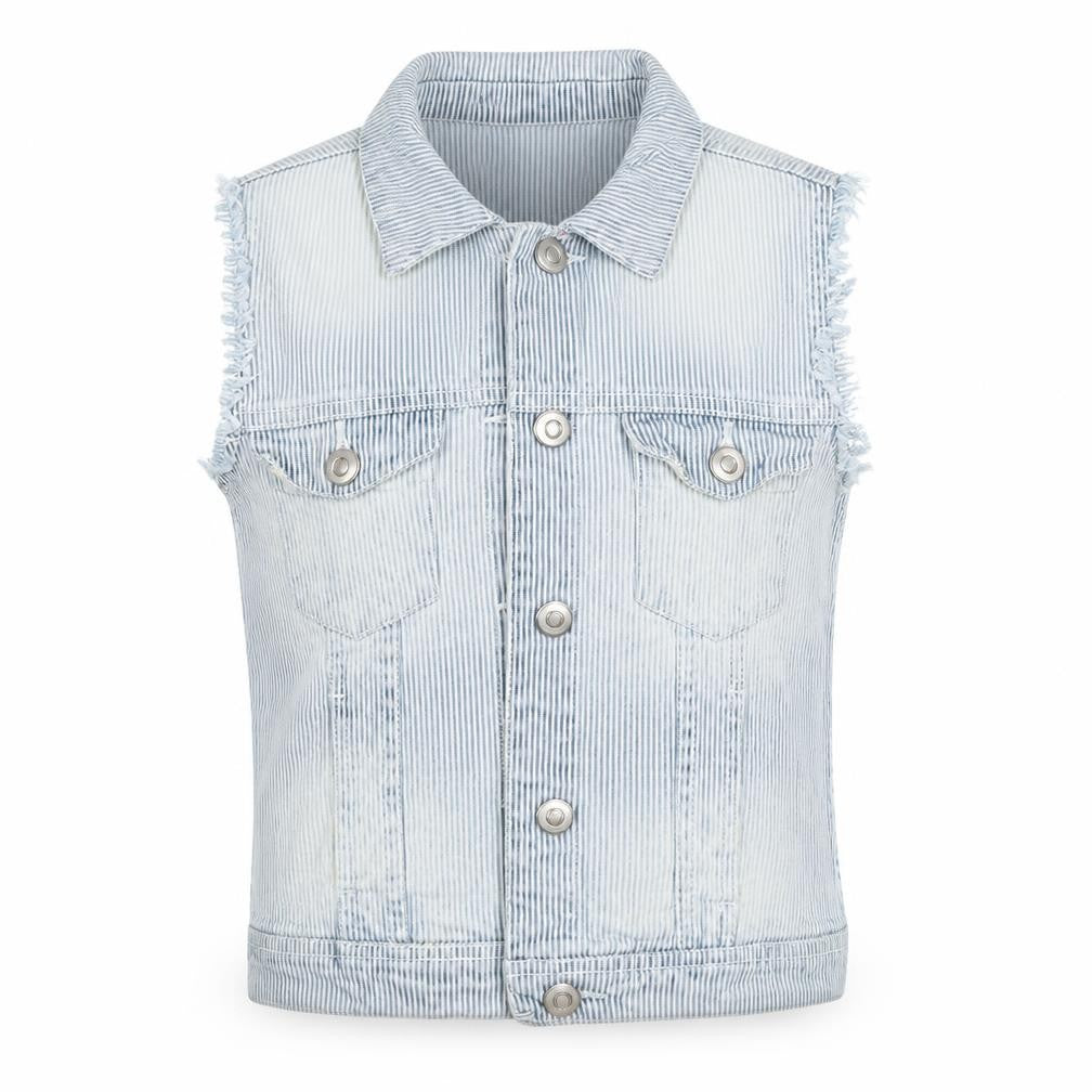Front view of Xhilaration women’s blue striped denim jacket, size UK 6