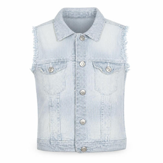 Front view of Xhilaration women’s blue striped denim jacket, size UK 6