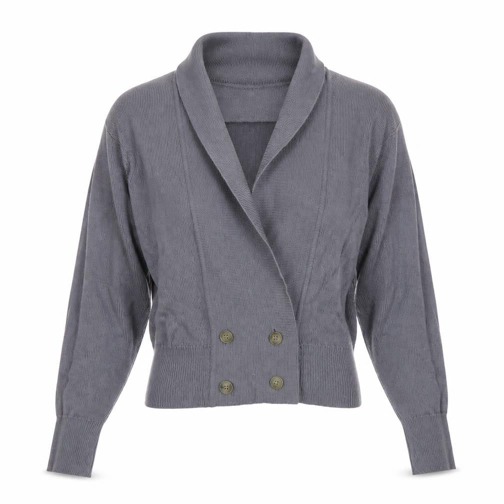 Front view of Preworn women’s grey cardigan jumper, size M
