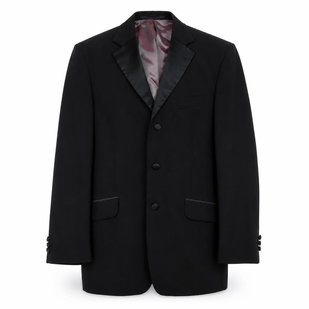 Front view of Preworn men’s black jacket suit, size M