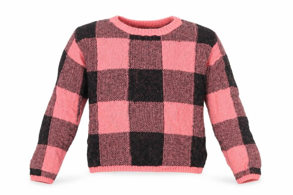 Front view of H&M girls’ pink check jumper, size 9-10, years