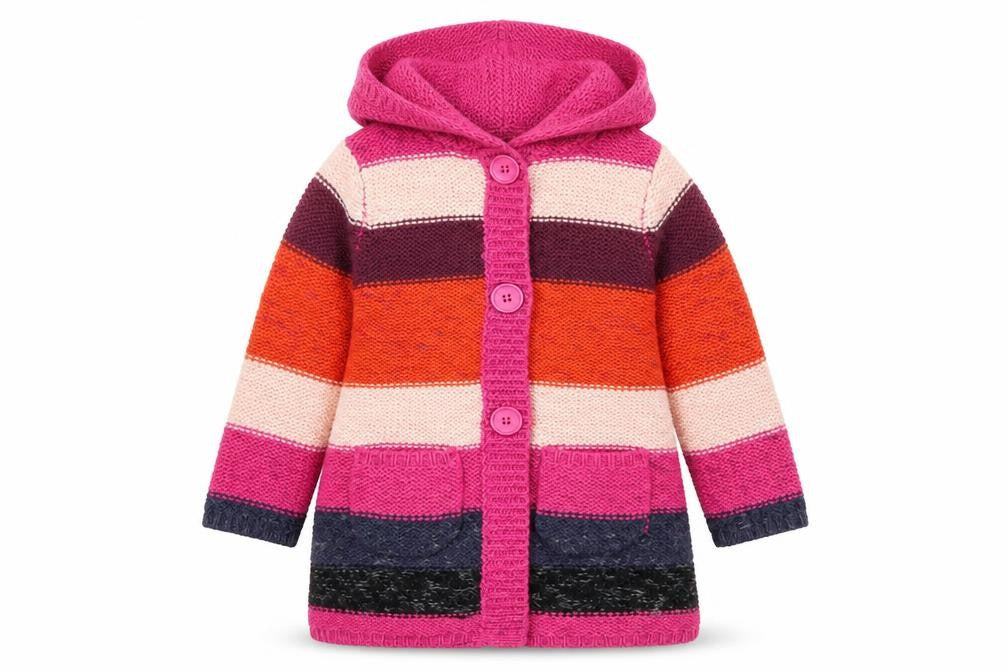 Front view of John Lewis girls’ pink striped jacket, size S