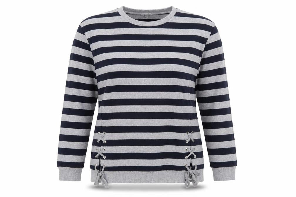Front view of Peacocks women’s blue striped pullover sweatshirt, size UK 12
