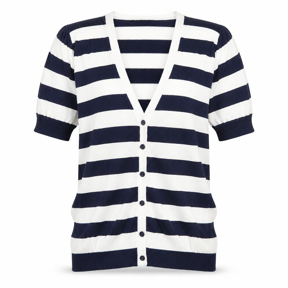 Front view of Mango women’s blue striped knit cardigan jumper, size S