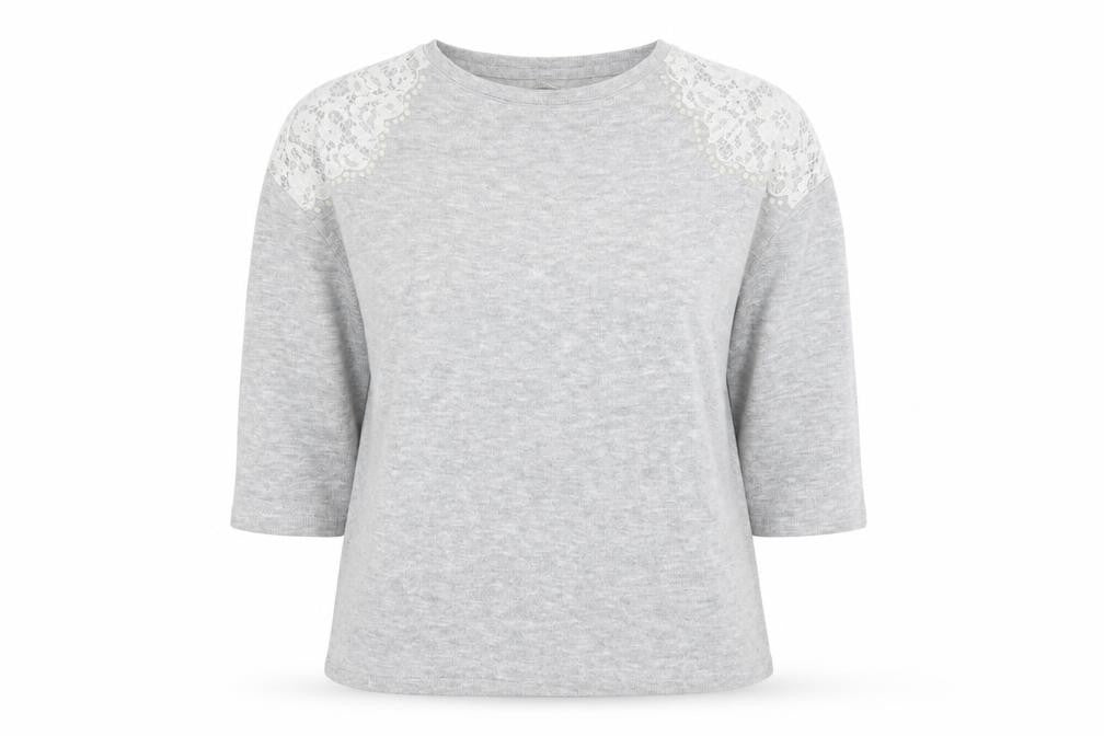 Front view of TU women’s grey jumper, size UK 14, - lace and beads on shoulders
