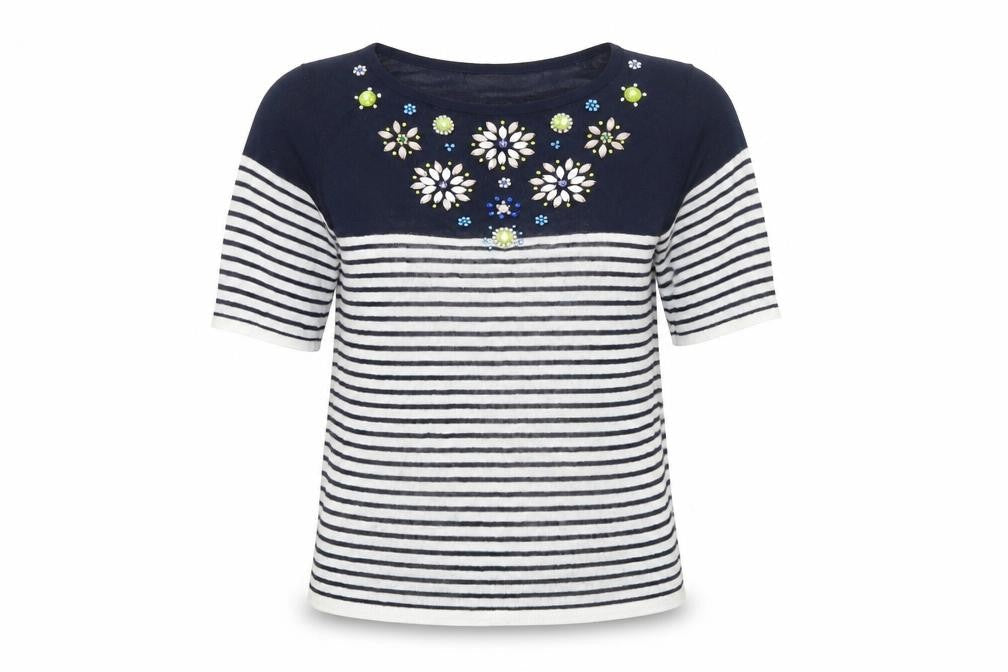 Front view of Monsoon women’s blue striped jumper, size UK 8, - floral beading detail