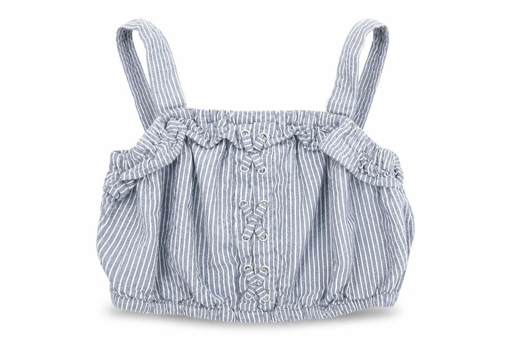 Front view of Next girls’ blue striped cropped tank, size 7, years