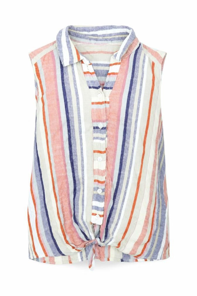Front view of Warehouse women’s multicoloured striped basic blouse, size UK 10