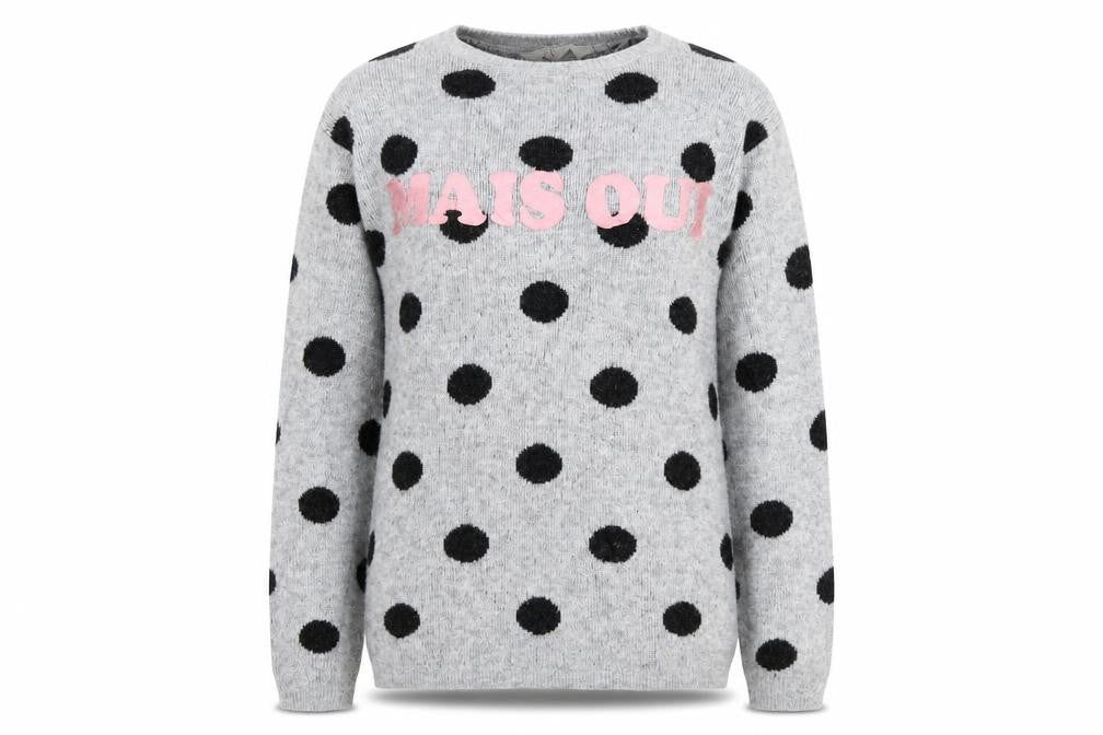 Front view of H&M girls’ grey polka dot knit jumper, size 13-14, years
