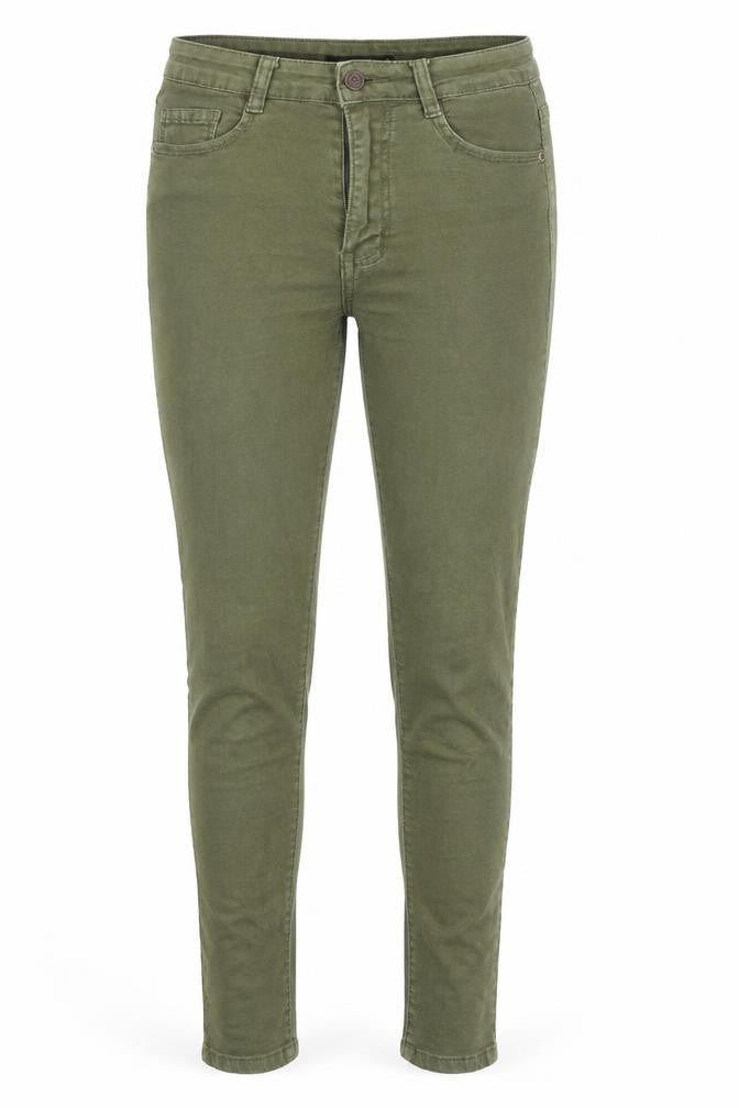 Front view of MOMOKROM women’s green skinny jeans, size UK 6, 24-inch leg