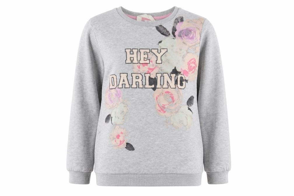 Front view of H&M girls’ grey pullover sweatshirt, size 13-14, years