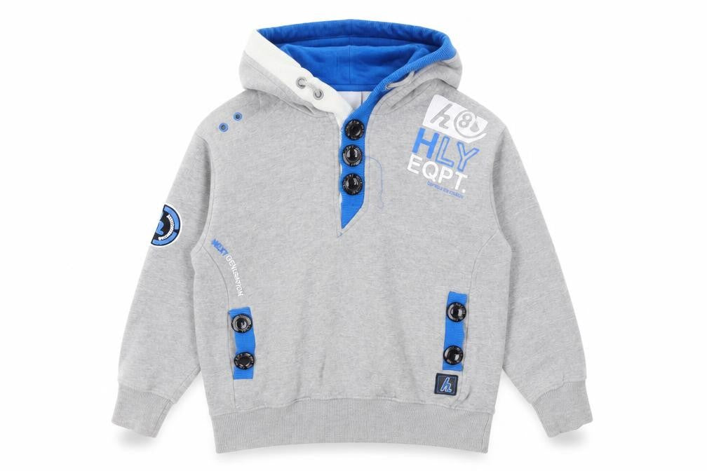 Front view of HLY EQPT. boys’ grey pullover hoodie, size 9-10, years