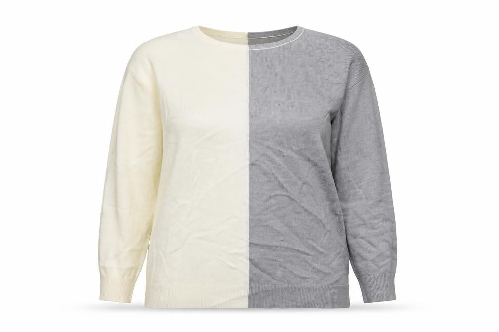 Front view of Bonmarché women’s grey jumper, size UK 14, - cream colour block