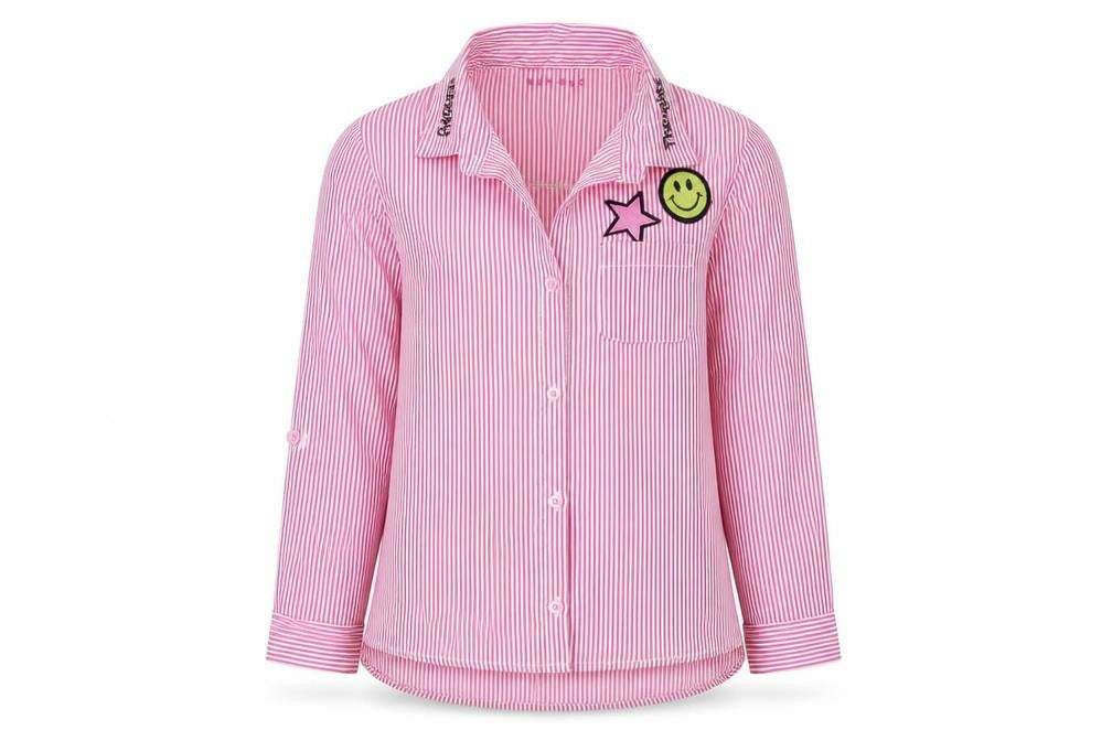 Front view of Nutmeg girls’ pink striped basic button-up, size 10, years
