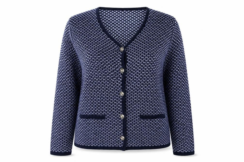 Front view of EWM women’s black knit cardigan jumper, size UK 14