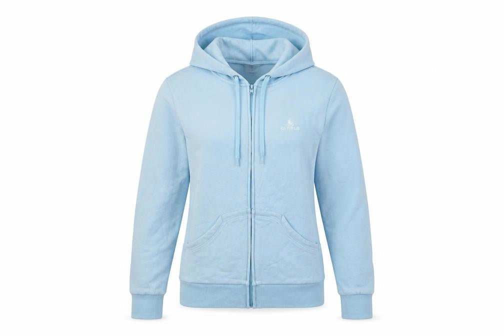 Front view of Olympus women’s blue full zip jumper, size UK 12