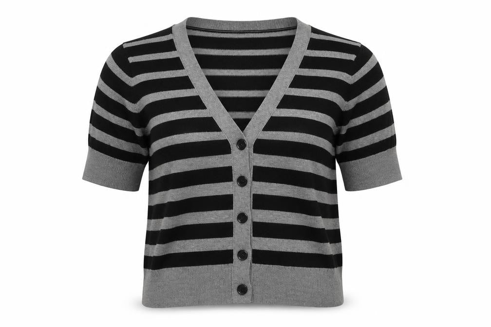 Front view of BHS women’s grey striped jumper, size UK 12