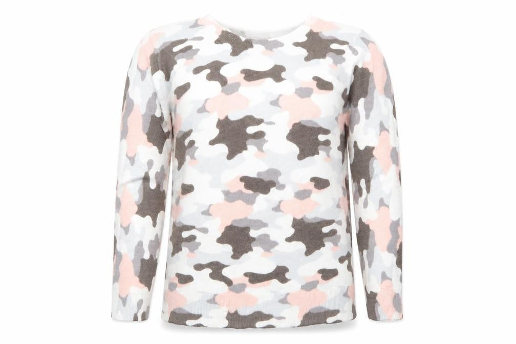 Front view of Marks & Spencers women’s white camouflage jumper, size UK 14