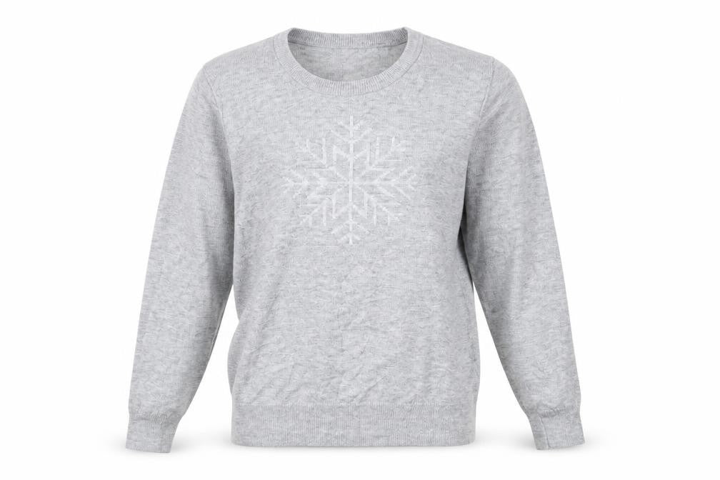 Front view of Gap women’s grey jumper, size M, - snowflake