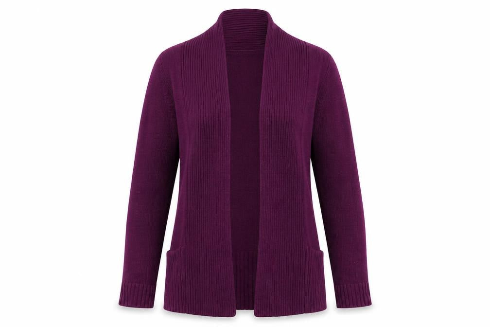 Front view of BHS women’s purple cardigan jumper, size UK 8