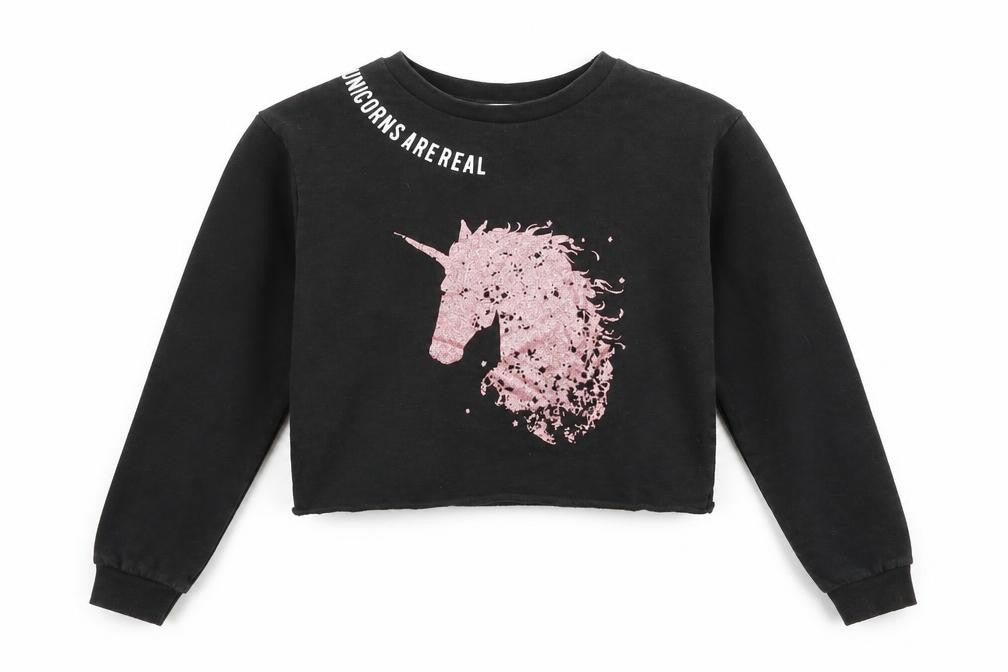 Front view of Primark girls’ black jumper, size 9, years - unicorn