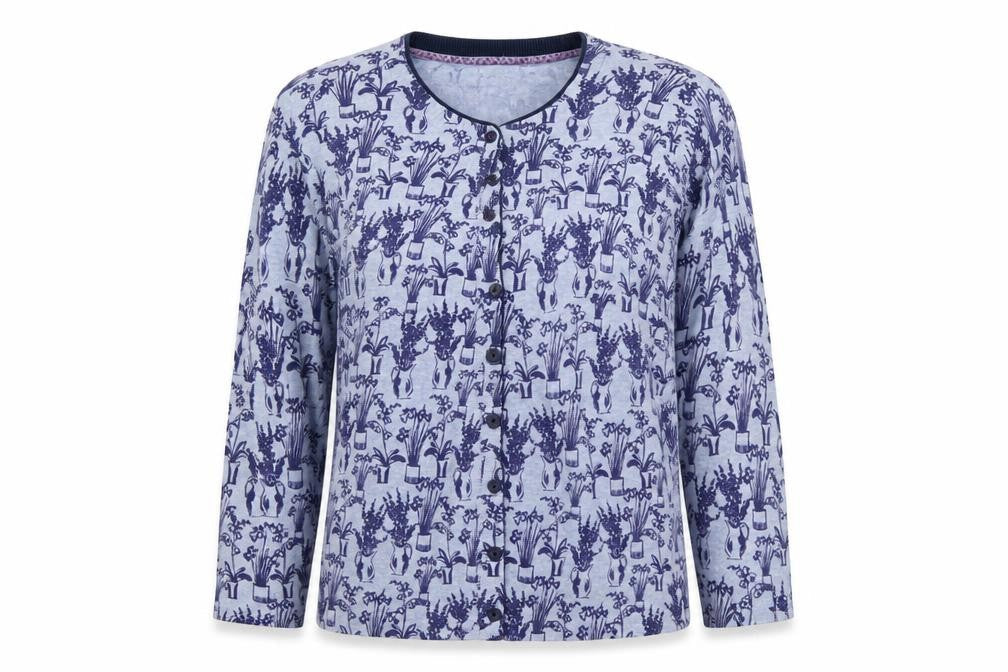 Front view of heyton women’s blue floral cardigan jumper, size S