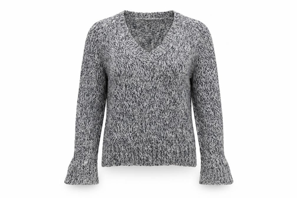 Front view of i loovve women’s blue knit jumper, size M, - elbow pads