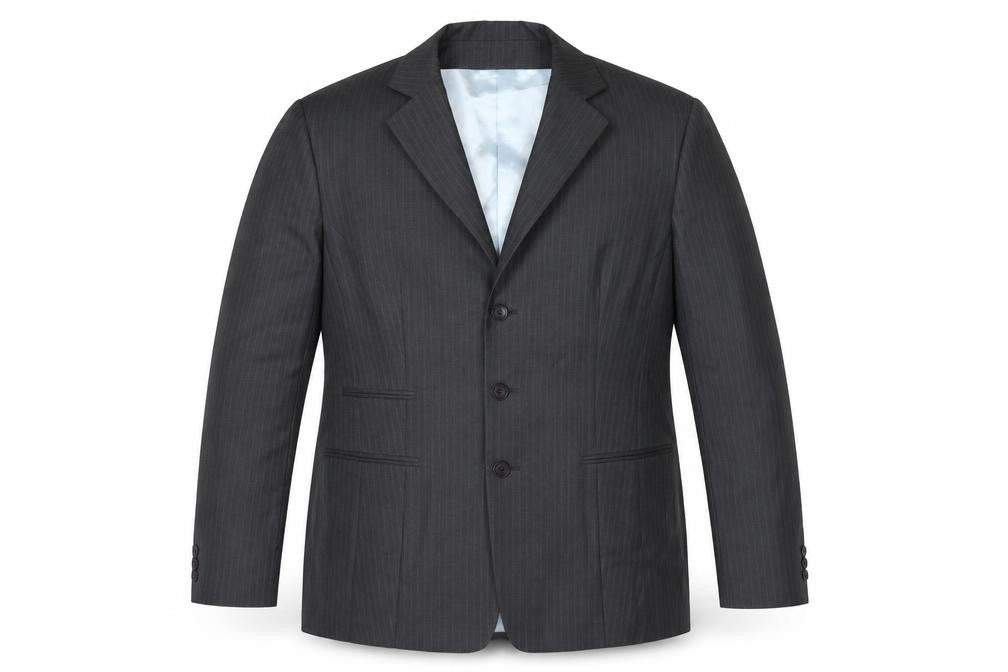Front view of Preworn men’s grey striped jacket suit jacket, size 46