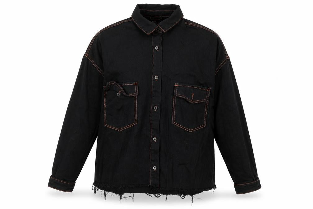 Front view of Missguided women’s black denim jacket, size UK 8