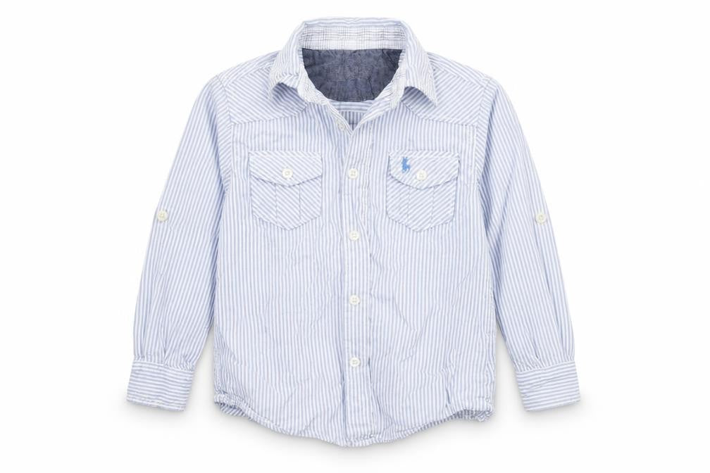 Front view of Primark boys’ black striped basic button-up, size 5-6, years