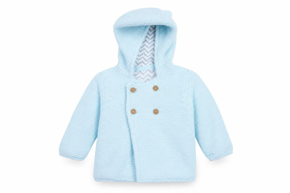 Front view of Marks & Spencer girls’ blue knit jacket, size 3-6, months