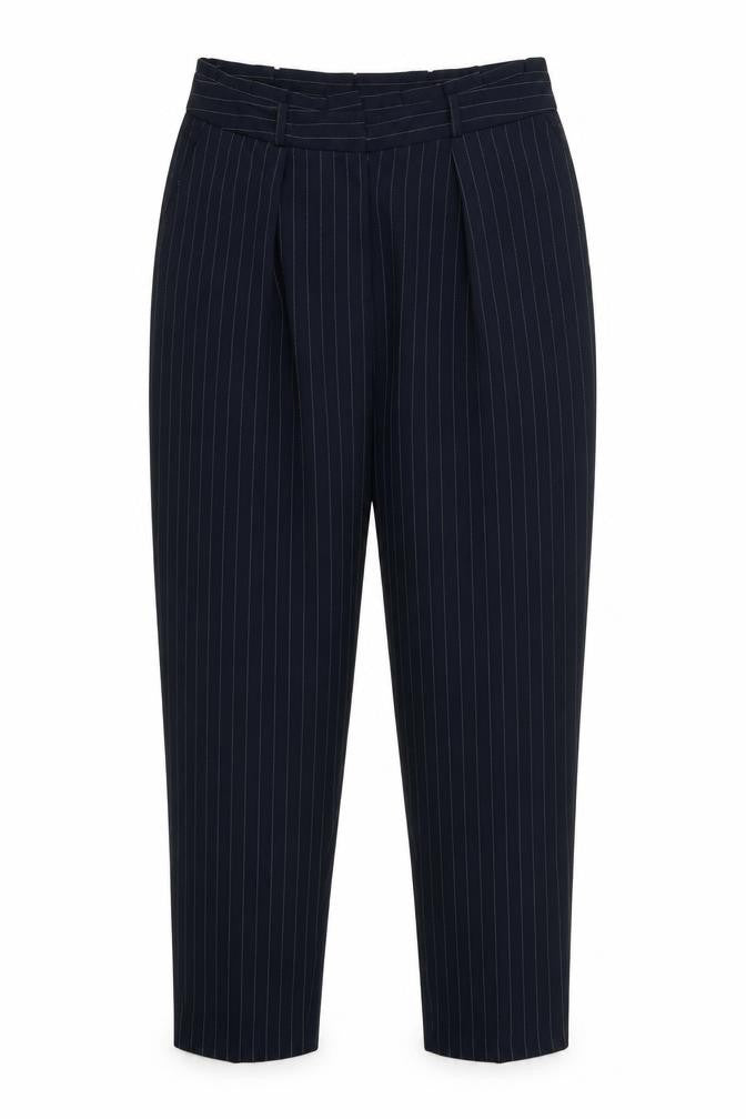 Front view of Oasis women’s white striped trousers, size UK 12, 27-inch leg