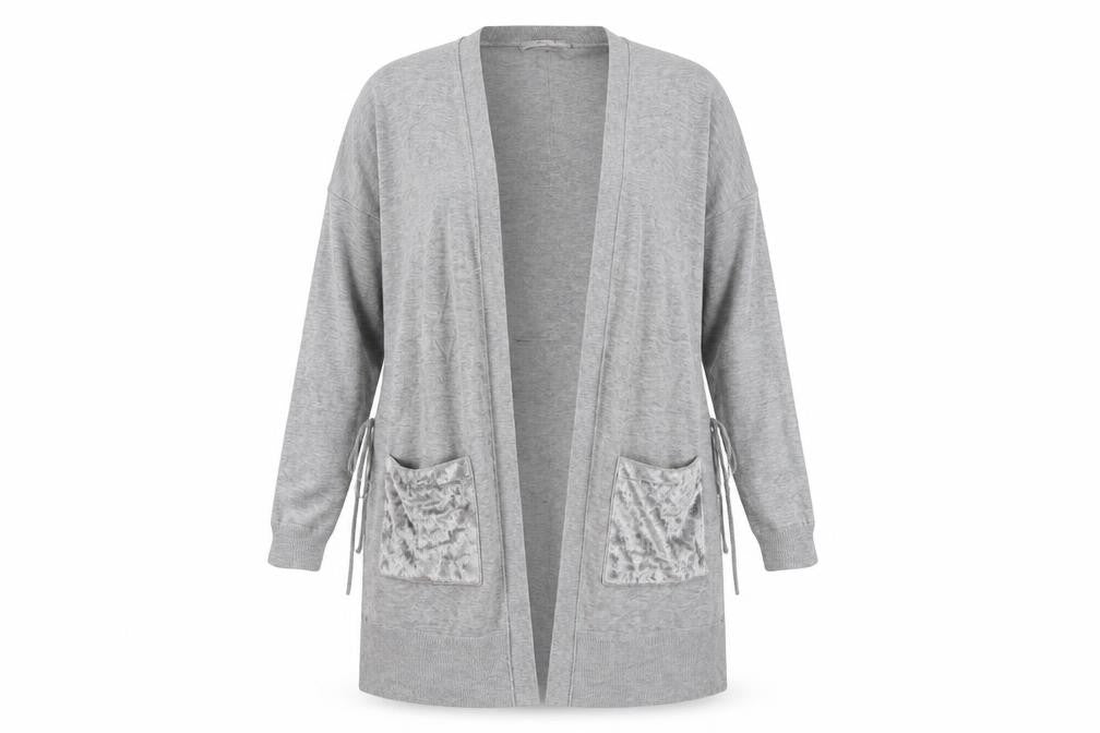 Front view of Marks & Spencer women’s grey knit cardigan jumper, size UK 10