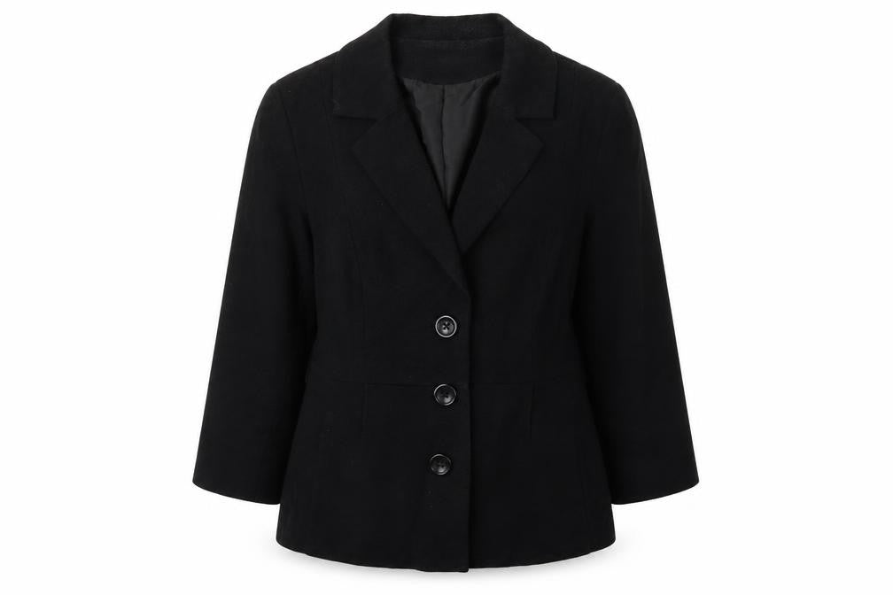 Front view of H&M women’s black jacket coat, size UK 10