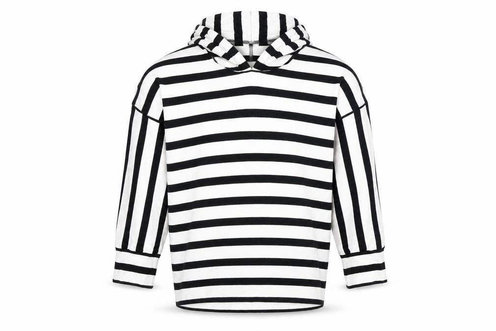 Front view of Indigo girls’ white striped pullover hoodie, size 12, years