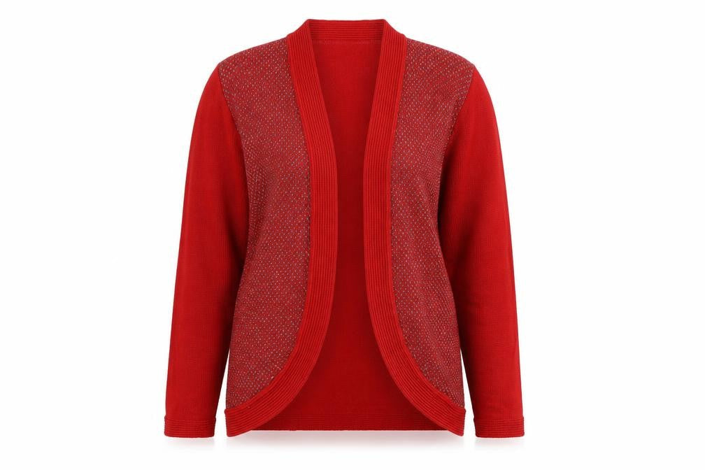 Front view of Preworn women’s red cardigan jumper, size M