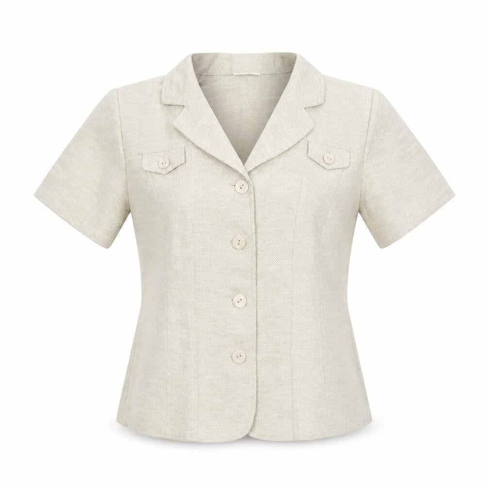 Front view of Preworn women’s beige basic button-up, size UK 10