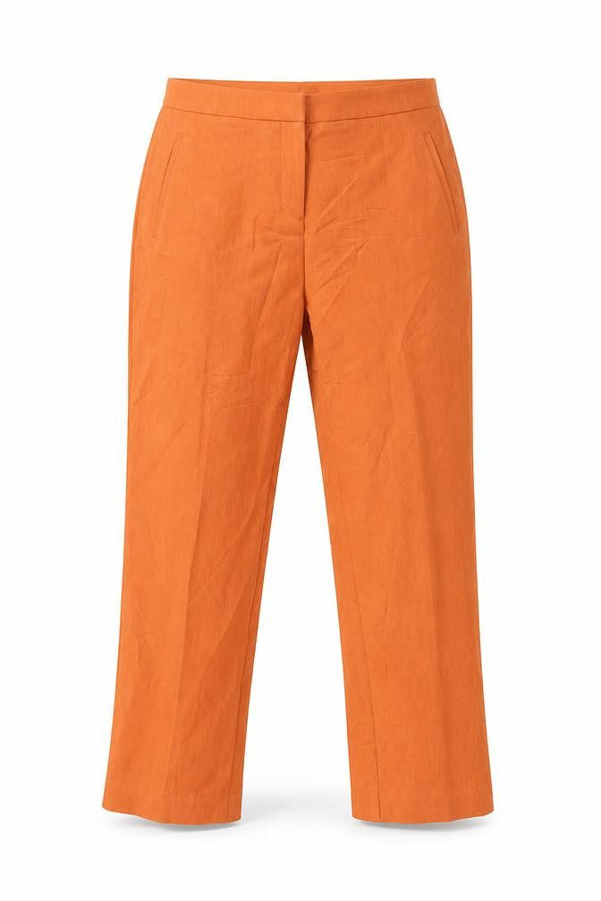 Front view of Pieces women’s orange trousers, size L, 28-inch leg