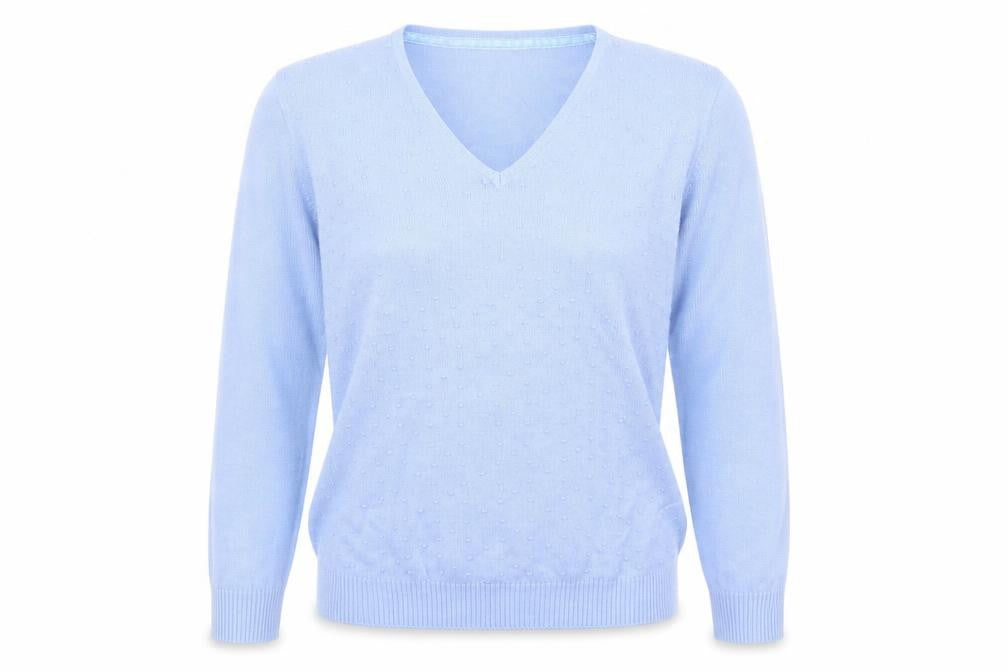 Front view of isle women’s blue henley jumper, size UK 16