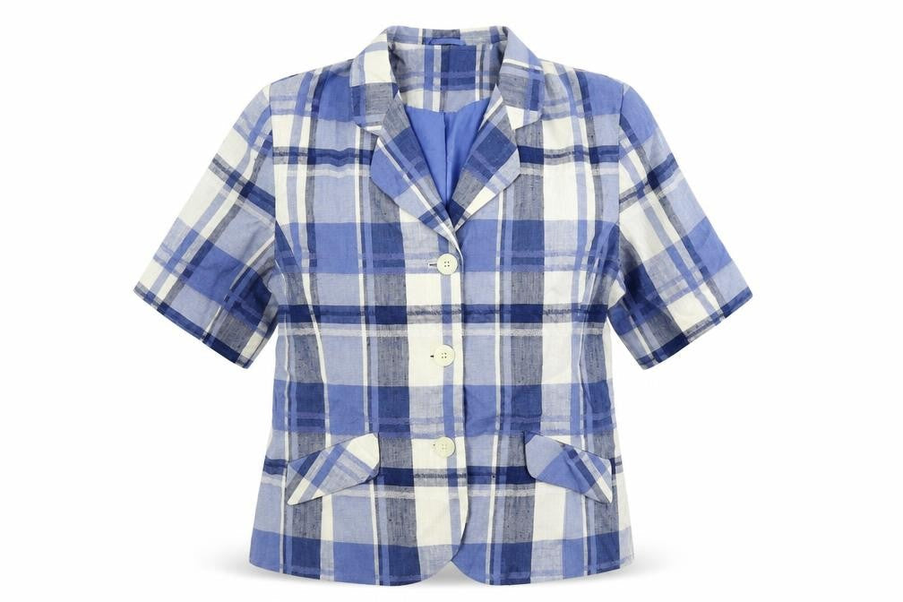 Front view of Union River women’s blue check jacket blazer, size UK 16