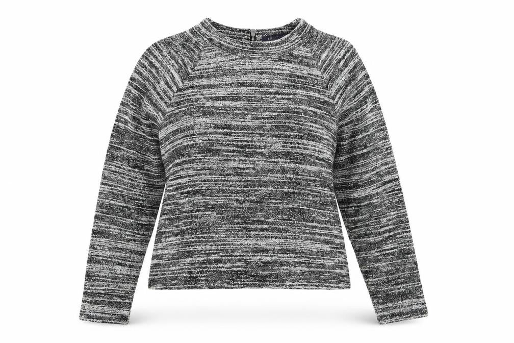 Front view of Marks & Spencer women’s black striped knit jumper, size UK 14