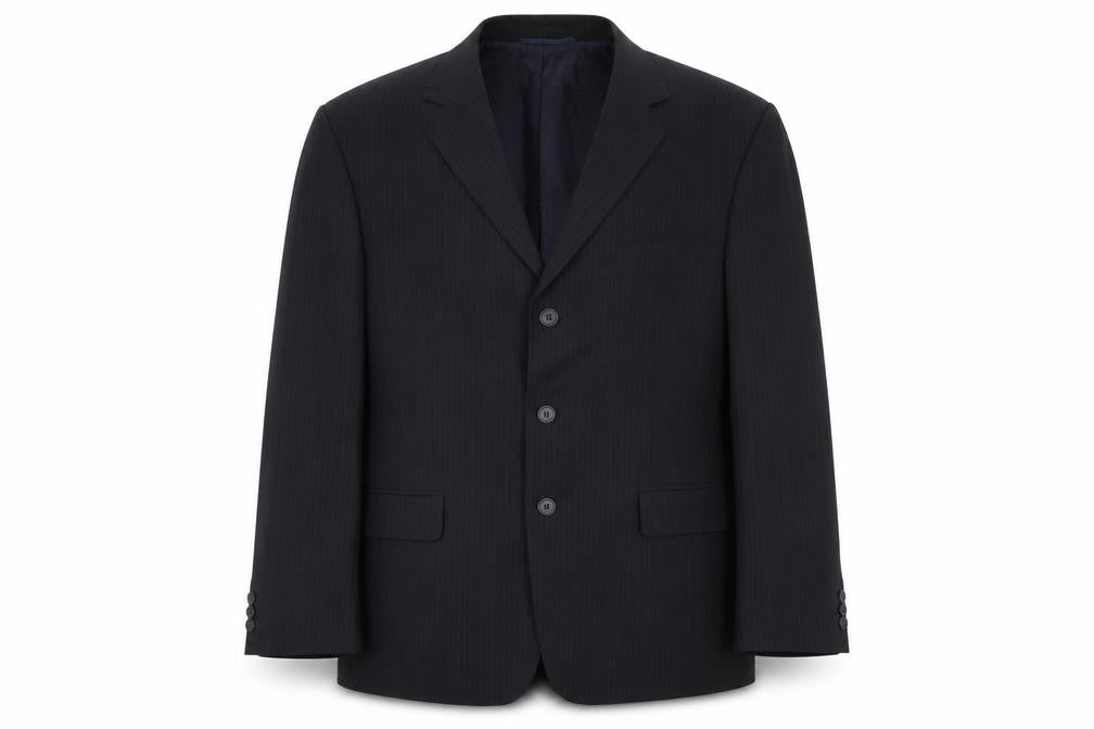 Front view of F&F men’s black striped rayon jacket suit jacket, size 44