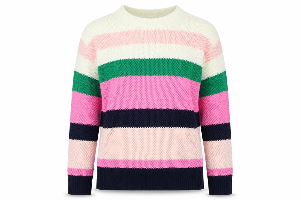 Front view of Dorothy Perkins women’s pink striped jumper, size UK 6