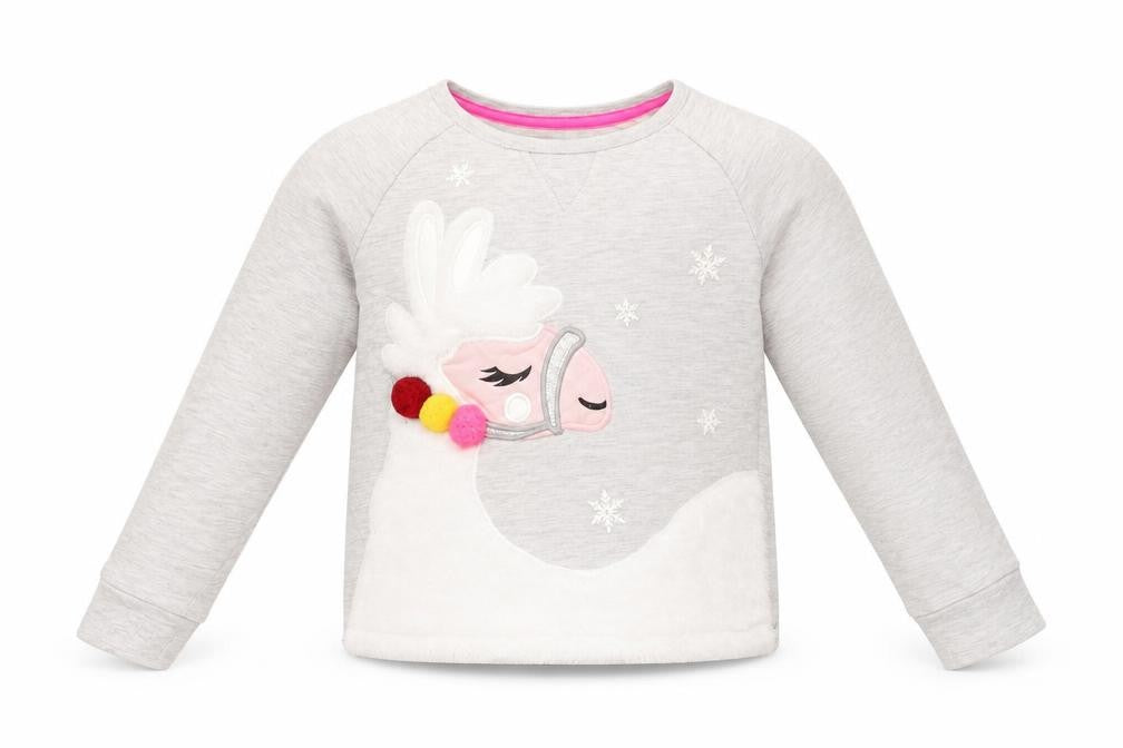 Front view of snooze girls’ grey jumper, size 6-7, years