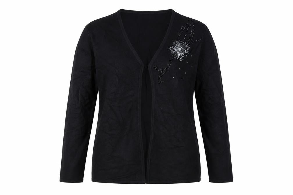 Front view of Joella Di Marco women’s black cardigan jumper, size XL