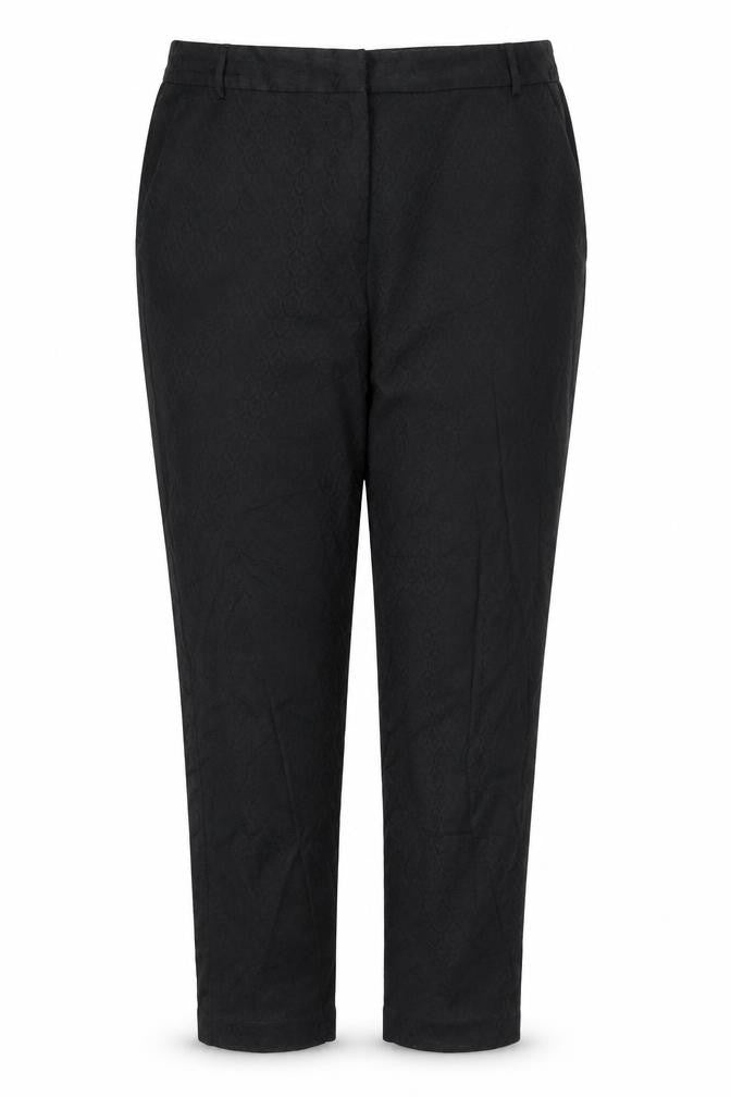 Front view of Oasis women’s black geometric trousers, size UK 16, 28-inch leg
