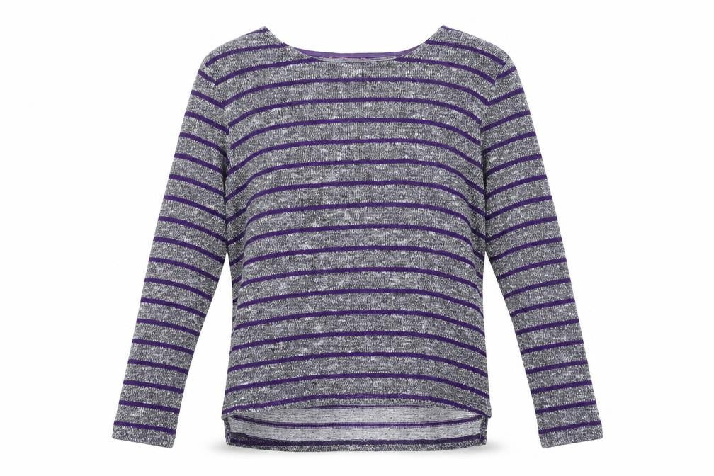 Front view of YD girls’ grey striped jumper, size 11-12, years