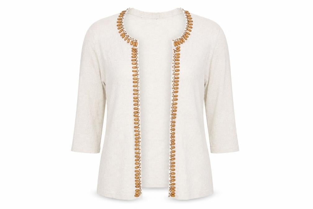 Front view of Preworn women’s beige cardigan jumper, size UK 10
