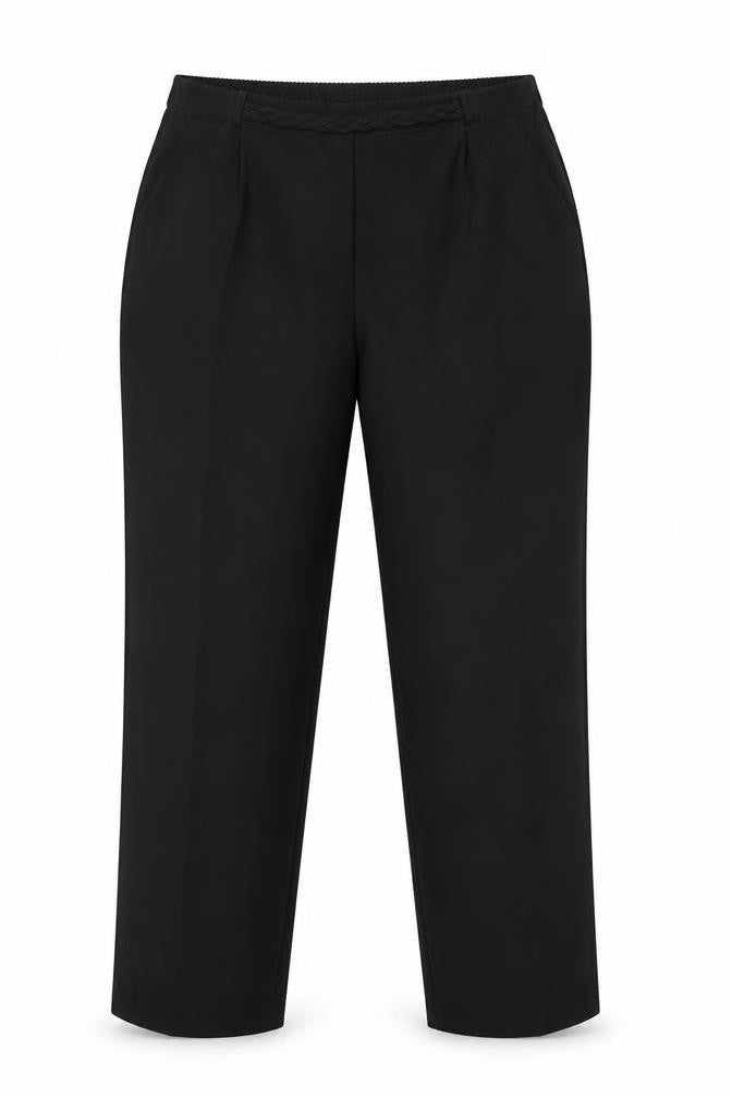 Front view of Sarah Hamilton women’s black trousers, size UK 16, 32-inch leg