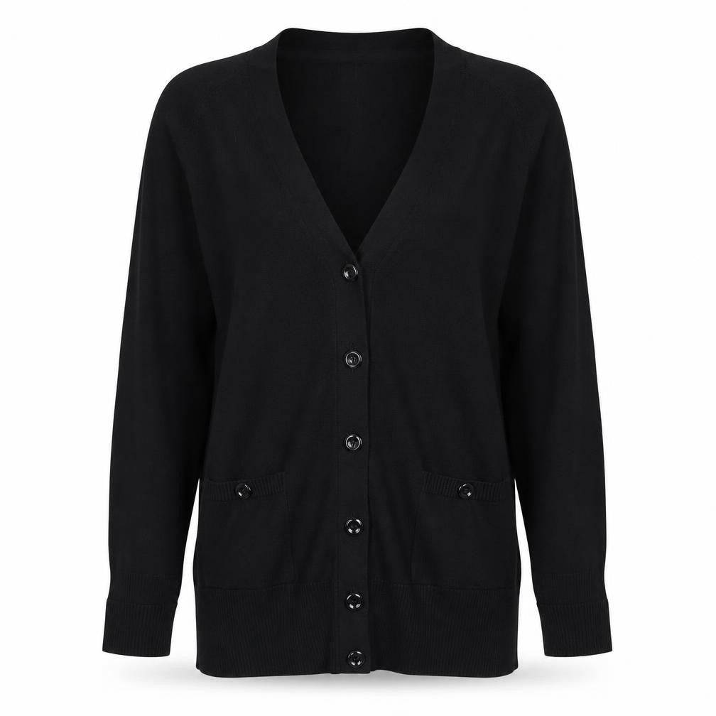 Front view of Michele Hope women’s black cardigan jumper, size UK 12